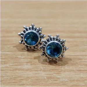 Dainty Bridesmaid Blue Topaz <b>Stud</b> Earrings 925 <b>Silver</b> Starburst Minimalist Wedding Bridal Party Jewelry Gift - Product Image 2