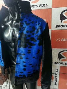 Blue Printed Fur <b>Women's</b> Stand Collar Zipper Waterproof Streetwear Bomber <b>Jacket</b> Men's Cowhide Leather Black <b>White</b> - Product Image 2