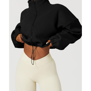 Sudadera Corta Oversize de Forro Polar Negro para Mujer con Cremallera, Cuello Alto, Hombros Caídos, Manga Larga, Color Sólido, Ideal para Otoño, Alta Demanda - Product Image 3