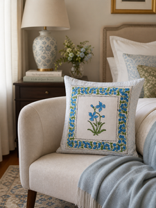 Funda de Cojín de Algodón con Estampado Floral Azul Boho, Funda de Almohada con Estampado a Mano para Sofá, Sillón y Sala de Estar - Product Image 4