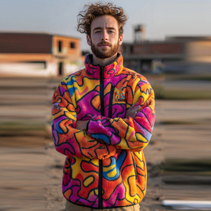 Men's Winter Sherpa <b>Lined</b> Stand Collar Oversize Zipper Fleece <b>Jacket</b> Sublimation Printing Eco-Friendly Breathable Streetwear - Product Image 5