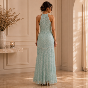 Women Mint Green Beaded Halter Neck Maxi Dress Sleeveless Embellished Evening Gown Elegant Wedding Party Prom Formal Occasion - Product Image 3