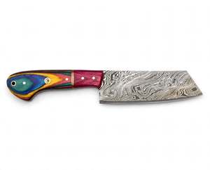 Couteau de chef Nakiri en acier Damas fait main sur mesure, manche en bois Pakka multicolore, mosaïque de clous - Product Image 3