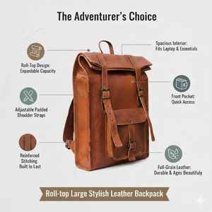 Genuine Leather Roll Top <b>Backpack</b> Mens Travel Rucksack Cowhide Laptop Bag with Padded Shoulder Straps LTBP-0082 - Product Image 6