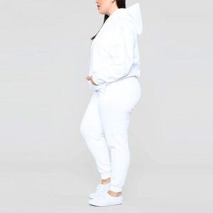 Women's Plus Size <b>White</b> Hooded Tracksuit Full Sleeve Solid Color Casual Sweat Suit <b>2</b> <b>Piece</b> Set With Side Pockets Elastic Waist - Product Image 3