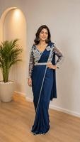 Saree Sutra Biru Tua Elegan Dengan Bordir Putih Dan Lengan Panjang Untuk Wanita Pakaian Pernikahan Gaya India Pakistan Panjang Hingga Lantai