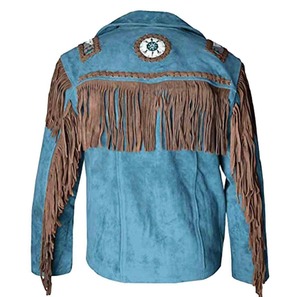 Chaqueta de Cuero de Gamuza Vintage para Hombre con Detalles de Cuentas Trenzadas Estilo Vaquero Occidental - Product Image 2
