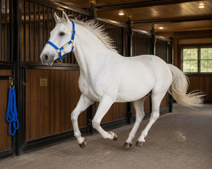 Blue Nylon Horse <b>Halter</b> with Gold Hardware Australian Saddle Style for Stable Use - Product Image 5