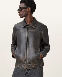 <b>Men's</b> Genuine Leather <b>Jacket</b> Vintage Distressed Finish Point Collar Zip Closure Ring Pull Banded Hem <b>Trucker</b> Coat Outerwear - Product Image 2
