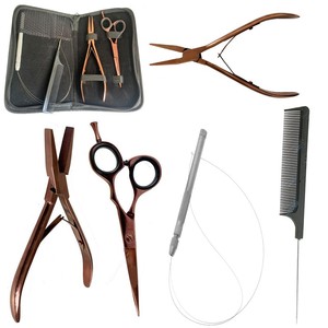 Kit d'accessoires pour extensions capillaires au meilleur prix : Outil de retrait de micro-anneaux, boucle de traction, ciseaux, pinces multi-formes, perles en acier personnalisées - Product Image 1