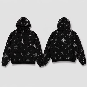 Men's Black Regular Fit Hoodie <b>Glitter</b> Star Print 100% Cotton French Terry Winter Casual Sweatshirt - Product Image 1