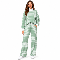 Nouvel ensemble décontracté tendance rayé rose clair à manches longues avec pantalon assorti, coupe ample, pull demi-zip en polyester/coton