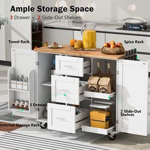 Carrello da Cucina con 3 Cassetti e Ruote, 2 Ripiani Estraibili, Scaffale Interno e Piano in Legno di Gomma - Product Image 4