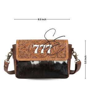 กระเป๋าหนังแท้ทำมือสไตล์โบฮีเมียน  ลายปัก 777  แบบสะพายข้าง  หนังวัวมีขน  ดีไซน์วินเทจ  สายสะพายเส้นเดียว - Product Image 3