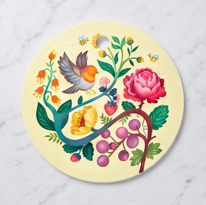 Planche à découper ronde élégante avec trou pour la poignée, motif d'oiseaux et de fleurs colorés - Product Image 1