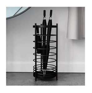 Modern <b>Black</b> Metal Grid Cylindrical Umbrella Stand Entryway Walking Stick Cane Storage Holder <b>Bin</b> Drip Tray Organiser - Product Image 2