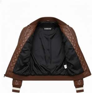 Blouson bomber en cuir véritable marron matelassé diamant pour homme - Product Image 4