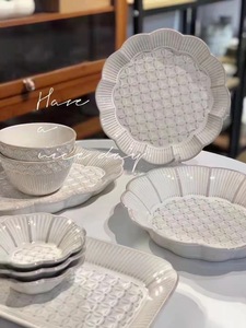 Nara Snow Embossed Plant Pattern Porcelain Dinnerware <b>Set</b> <b>Square</b> and Oval Plates & Bowls Eco-Friendly for Home Use 7-9 Users - Product Image 4