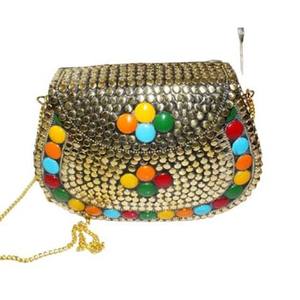 Women's <b>Gold</b>-Plated Beaded Shell <b>Clutch</b> <b>Bag</b> Satin Lining Colorful Gemstone Decoration Chain Strap Evening Handbag 1L Capacity - Product Image 4