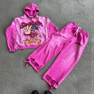 Chándal de invierno para hombre, estilo urbano, de forro polar, poliéster/algodón, patchwork, transpirable, de secado rápido, con lavado ácido, efecto descolorido por el sol, con pedrería y cremallera - Product Image 3