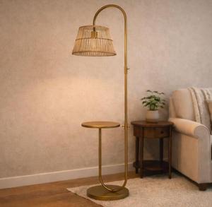 Lampadaire moderne en laiton avec abat-jour en rotin, hauteur réglable, pour salon, lumière chaude - Product Image 3