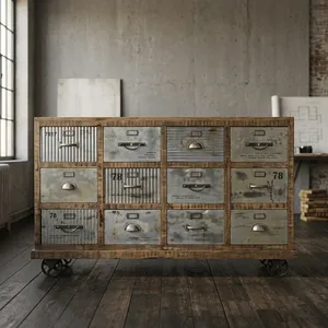 Industrial Wooden Iron Cabinet <b>on</b> <b>Wheels</b> Vintage Rolling Storage <b>Chest</b> 12 <b>Drawer</b> Rustic Metal Filing Organizer Furniture - Product Image 1
