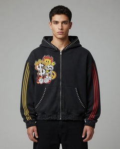 Sudadera con capucha personalizada con cremallera, estampado gráfico, ribete de pedrería, rayas en contraste en las mangas y efecto desgastado, unisex. - Product Image 5