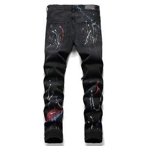 Jean en denim noir pour homme, coupe slim, jambe droite, effet déchiré et vieilli, peint à la main, style streetwear, en coton mi-lourd, style automne, en promotion - Product Image 5