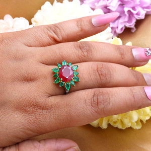 925 Sterling <b>Silver</b> Ruby <b>Emerald</b> Diamond Floral <b>Ring</b> for Women Gold Plated Oval Gemstone Statement Fine Jewelry - Product Image 6