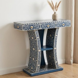 Table console luxueuse en résine avec incrustations d'os, bureau d'entrée haut de gamme pour la décoration du salon, meuble d'appoint chic pour couloir avec incrustations d'os - Product Image 4