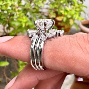 Luxury White Gold Plated 3 Piece <b>Stack</b> <b>Ring</b> Set with Round Cut Center Stone Lab-grown Diamond and Baguette Accent Design - Product Image 4