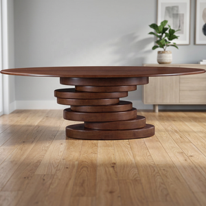 Table à manger ovale large en bois avec pieds sur piédestal, design Mid-Century, base en bois massif, meuble stable pour la maison, vente en gros - Product Image 1