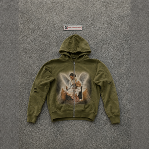 Sweat à capuche zippé en coton premium, couleur olive vieilli, avec motif ange imprimé, coupe décontractée, style streetwear, mode classique - Product Image 5