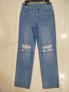 Jeans Rectos Rasgados Azul Claro para Mujer, Pantalones de Mezclilla de Cintura Alta, Uso Diario Informal - Product Image 1