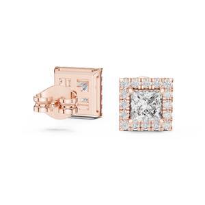 Princess Cut Diamond Halo <b>Stud</b> Earrings 18K Rose Gold Plant Shape IGI Certified Rhodium Plated Anniversary Party Gift - Product Image 4