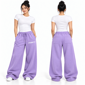 Pantalones Cargo de Felpa Personalizados para Mujer, Color Morado, Pierna Ancha, Cintura Media, Cordón Elástico, Corte Regular, Largos, Estilo Urbano - Product Image 1