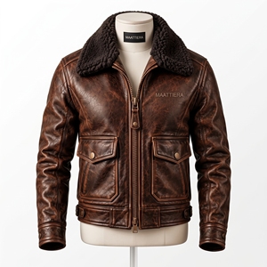 Veste en simili cuir marron pour homme, col en fourrure, poignets en tricot côtelé, poches à rabat, fermeture éclair sur le devant, fabrication sur mesure OEM ODM, vente en gros - Product Image 3