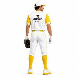 Uniforme de Béisbol para Hombre RONAL SPORTS, Blanco y Amarillo, Manga Corta, Jersey de Poliéster que Absorbe la Humedad, Conjunto de Pantalones, para Adultos, Todas las Temporadas - Product Image 4