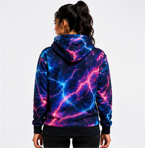 Sudadera con Capucha para Mujer, Estampado de Rayos por Sublimación, Azul y Rosa, Tejido de Poliéster, Prenda Otoñal Transpirable, Puños Acanalados Negros Sólidos - Product Image 6