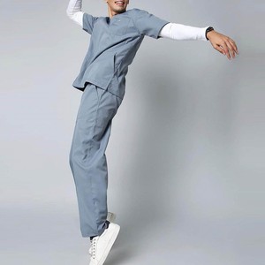 Men's Gray Scrub Set V-Neck Short Sleeve Cotton Polyester Woven Hospital Uniforms for Medical Use - Product Image 6