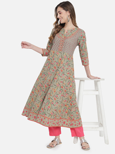 Ensemble Kurti en coton imprimé à la main, robe longue trapèze à manches trois quarts, coupe décontractée ample, tissu tissé respirant - Product Image 6