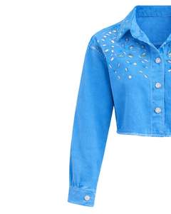 Veste en jean courte bleue personnalisée pour femme avec boutons sur les épaules ornés de strass, manches longues, style décontracté streetwear - Product Image 5