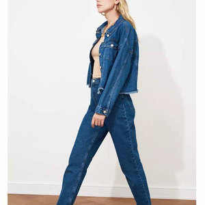 Veste en jean pour femme, style trucker, manches longues, col rabattu, longueur courte, couleur unie, manteau décontracté d'automne, bleu - Product Image 2