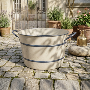 Antique Cream Galvanized Steel <b>Ice</b> Bucket With Blue Trim Accent Handles Rustic Farmhouse Party Wine Beer Beverage Tub Supply - Product Image 3