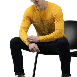 Men's Yellow <b>Long</b> Sleeve O-Neck Printed Casual <b>T</b>-<b>Shirt</b> Regular <b>Fit</b> Knitted Cotton Front Logo Pattern - Product Image 3