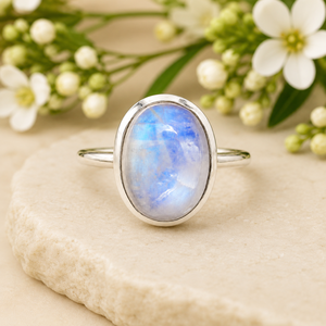 Bague en argent sterling 925 avec pierre de lune ovale sertie clos, bijoux raffinés pour mariage, fiançailles, anniversaire, fête - Product Image 1
