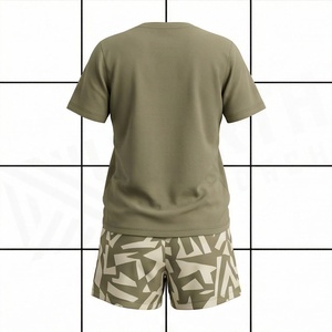 Conjunto de 2 Piezas para Mujer, Camiseta Color Oliva Sólido con Pantalones Cortos con Estampado Geométrico, Ropa Casual de Primavera/Verano, Largo por Encima de la Rodilla, Corte Regular - Product Image 2
