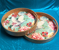 Plateau de service rond en bois imprimé de motifs floraux de luxe, fait main, multifonctionnel, provenant d'Inde