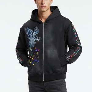 Sudadera con capucha negra personalizada para hombre con estampado de dragón y mangas con pedrería, estilo casual para otoño, corte regular, material French Terry - Product Image 1