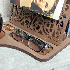 Wooden <b>Book</b> <b>Stand</b> & Bookends Cup <b>Holder</b> Reading Tray Desk Organizer Modern Art Engraved Home Office Coffee Accessory - Product Image 6